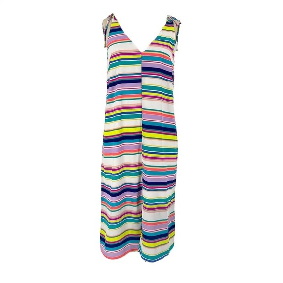 NWT’S Alice and Trixie 100% silk fully lined V-neck Midi neon striped dress SZ M - Picture 3 of 10